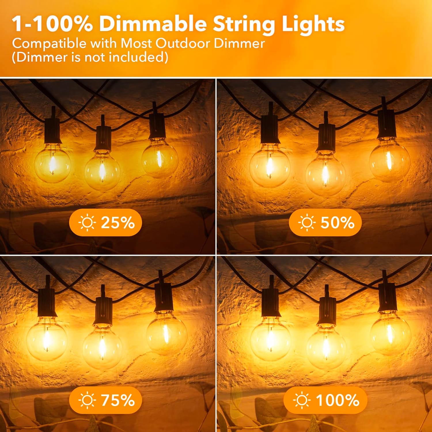 Outdoor String Lights - Connectable Dimmable LED Lights with G40 Globe Plastic Bulbs, All Weatherproof Hanging Lights (50 Ft - 25 LED Bulbs)