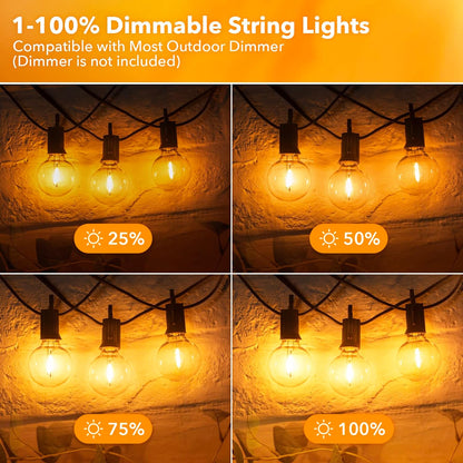 Outdoor String Lights - Connectable Dimmable LED Lights with G40 Globe Plastic Bulbs, All Weatherproof Hanging Lights (50 Ft - 25 LED Bulbs)