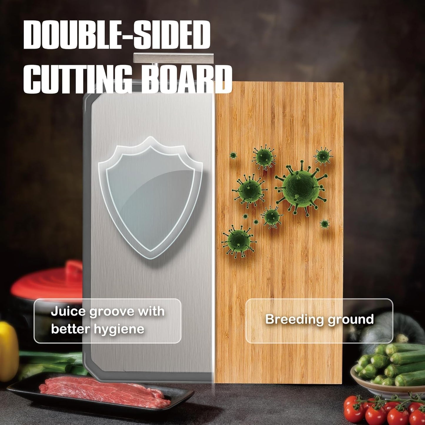 Stainless Steel Cutting Board, Double Sided Stainless Steel/Wheat Straw, Dishwasher Safe, Non Toxic Chopping Board