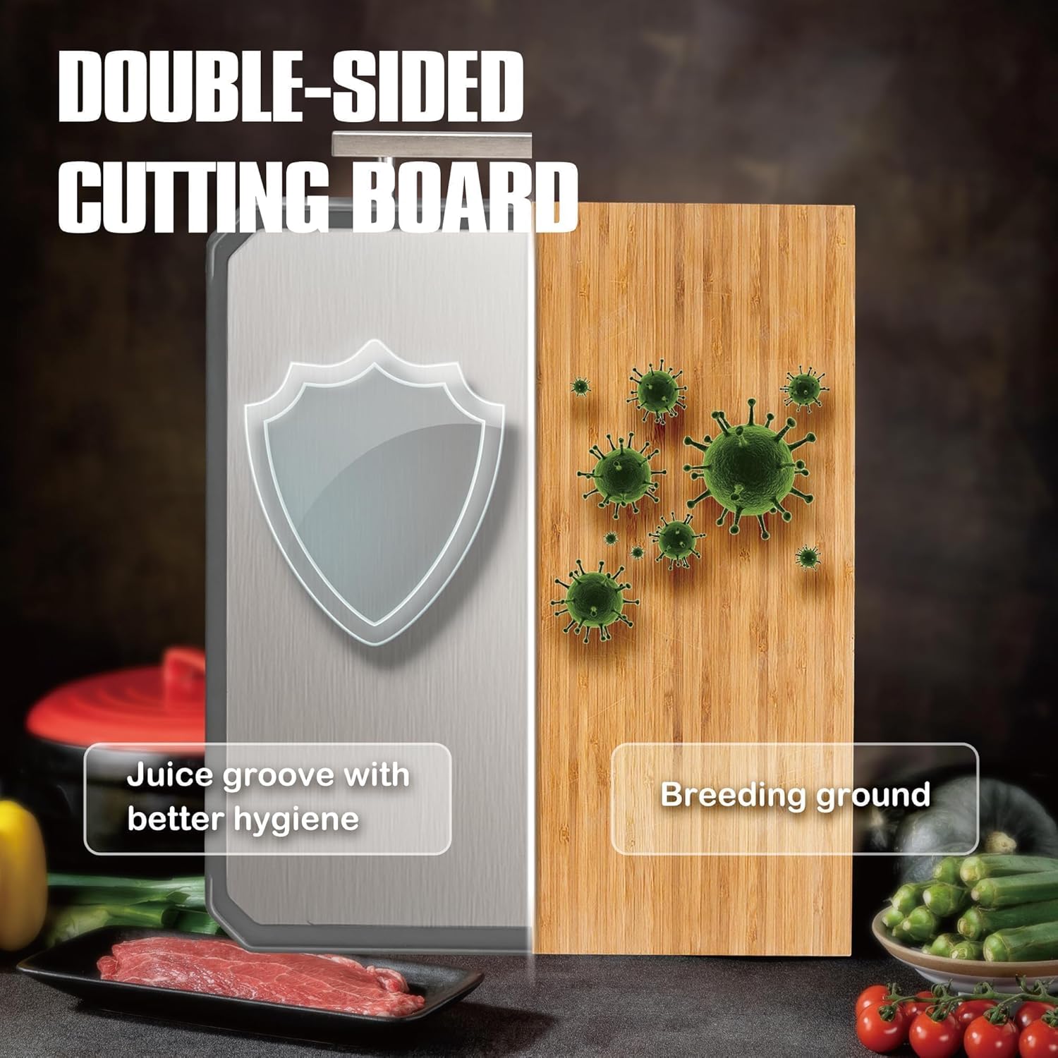 Stainless Steel Cutting Board, Double Sided Stainless Steel/Wheat Straw, Dishwasher Safe, Non Toxic Chopping Board