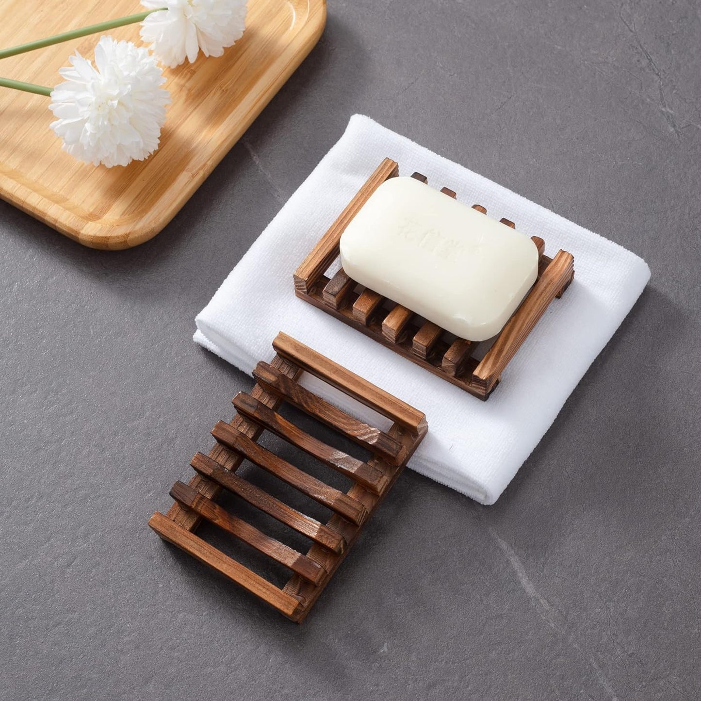 Wooden Soap Dish for Shower, Set of 2, Self Draining Bar Soap Holder