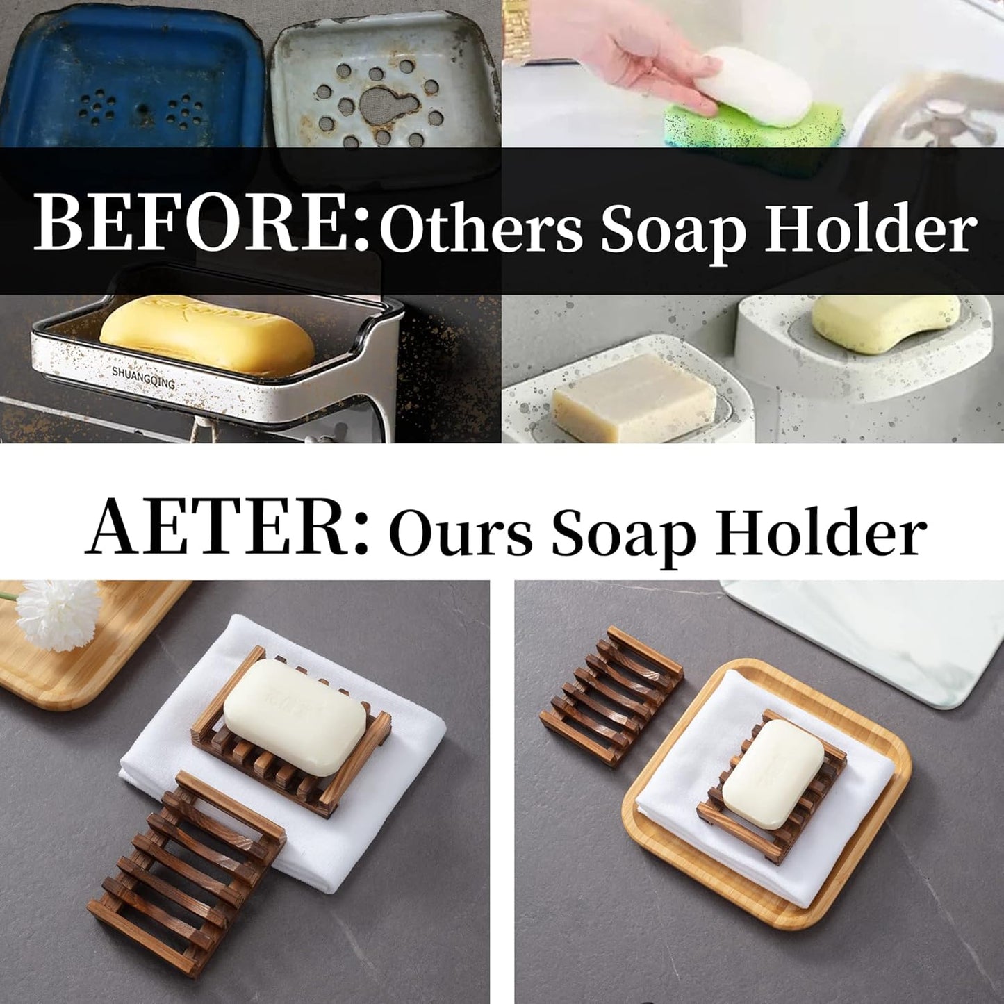 Wooden Soap Dish for Shower, Set of 2, Self Draining Bar Soap Holder