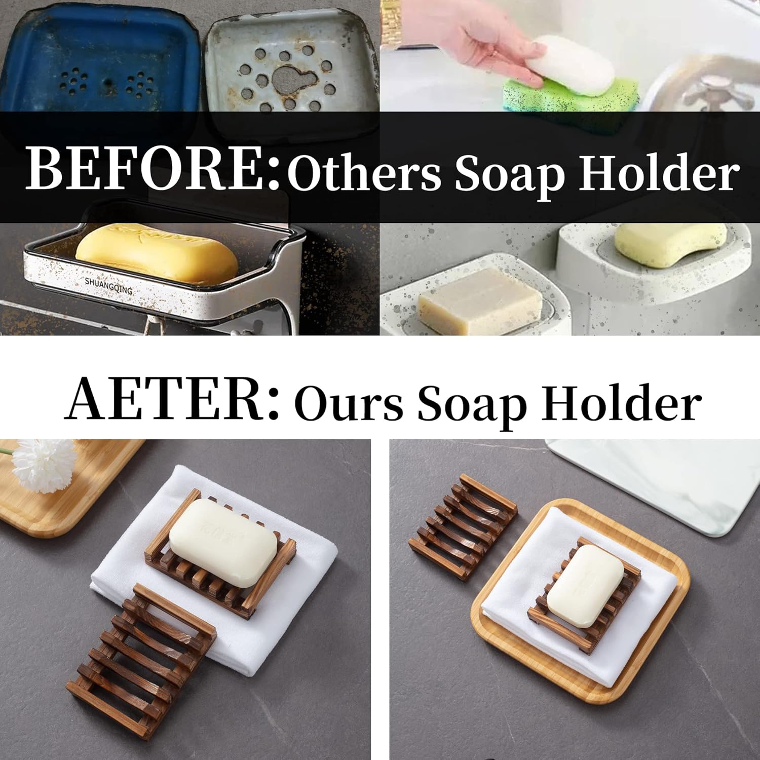 Wooden Soap Dish for Shower, Set of 2, Self Draining Bar Soap Holder