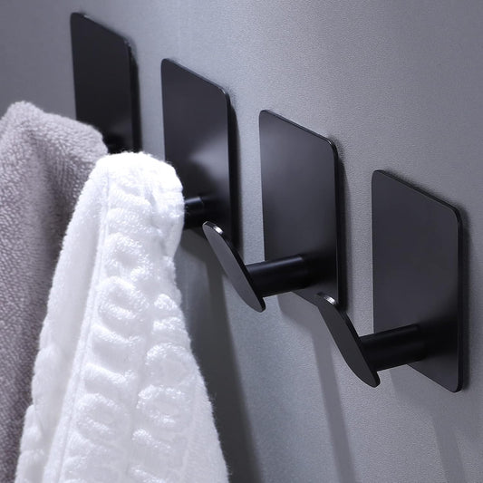 Adhesive Hooks - 4 Pack Hooks for Towels/Coats, Wall Hooks Stick on any Surface (Matte Black, Stainless Steel)