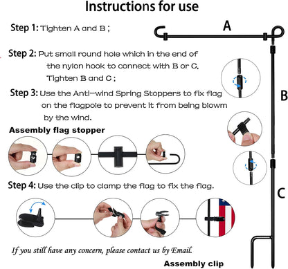 Garden Flag Stand, Flag Pole Holder, Metal Powder-Coated, Weather-Proof Paint with One Tiger Clip and Two Spring Stoppers without Flag