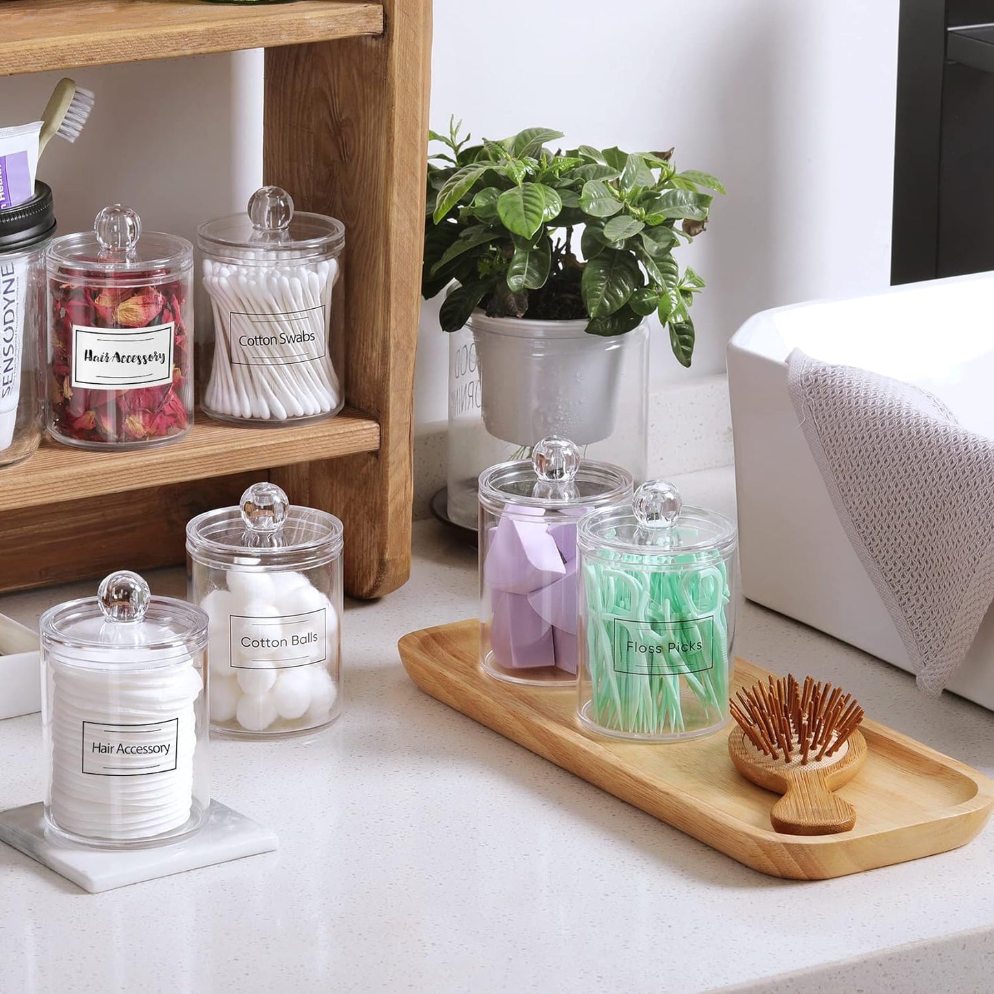4 Pack Acrylic Qtip Holder Dispenser for Cotton Swabs, Balls, Pads, Floss Picks- Small Clear Plastic Canister Apothecary Jar Set, Vanity Makeup Storage Organizer