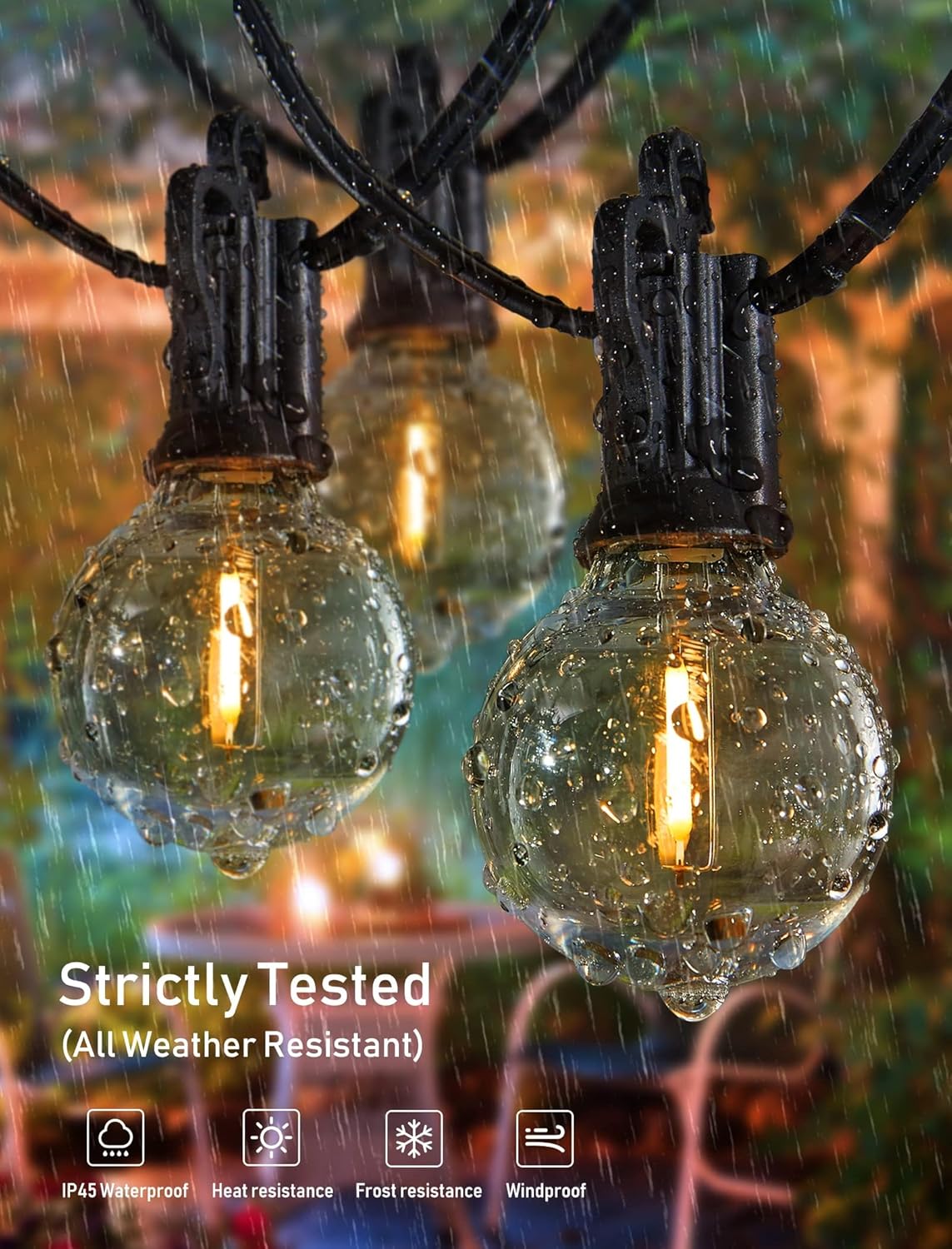 Outdoor String Lights - Connectable Dimmable LED Lights with G40 Globe Plastic Bulbs, All Weatherproof Hanging Lights (50 Ft - 25 LED Bulbs)