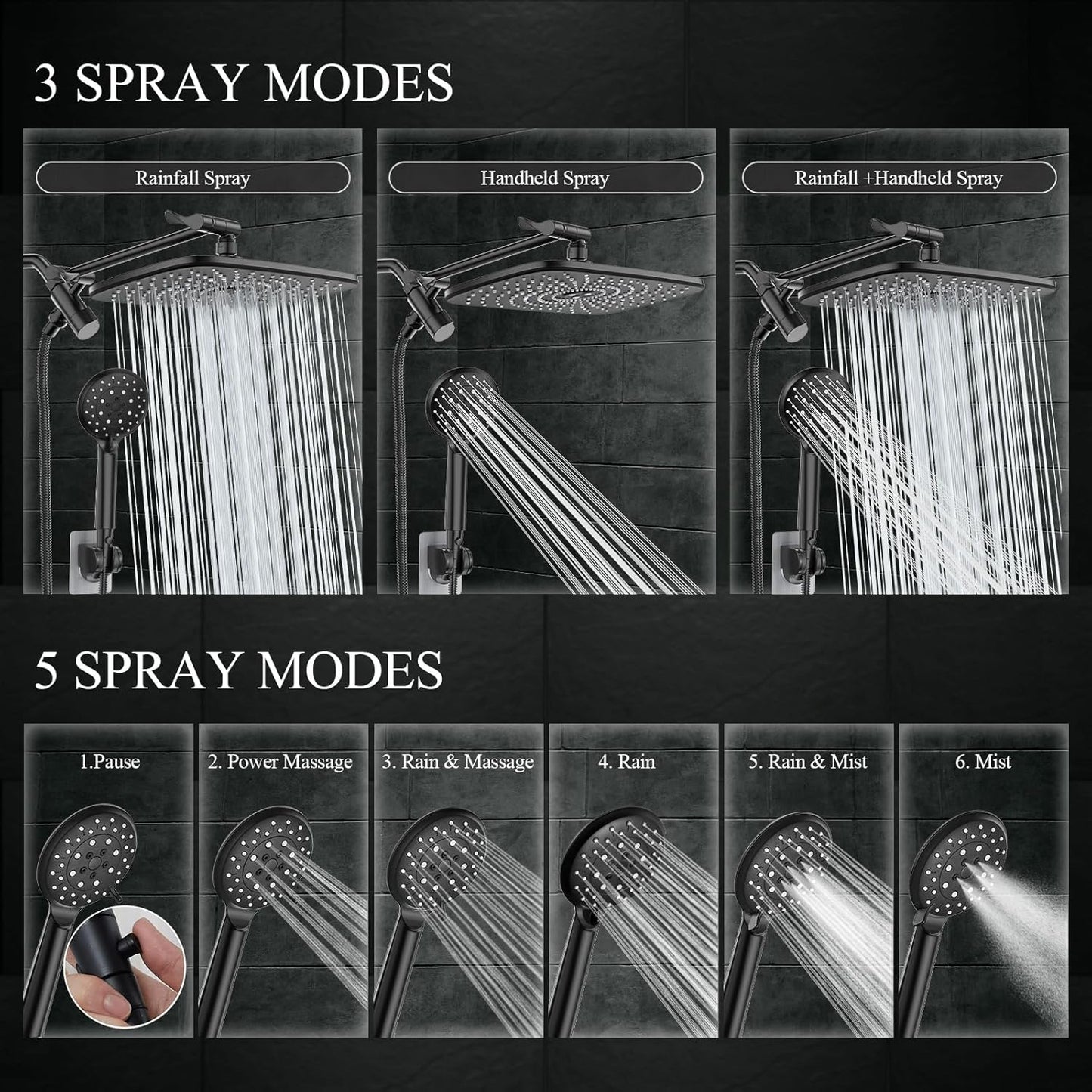High Pressure Rain Shower Head Combo with Extension Arm- Wide Showerhead with 6 Handheld Water Spray - Adjustable Dual Shower with Anti-Clog Nozzles 