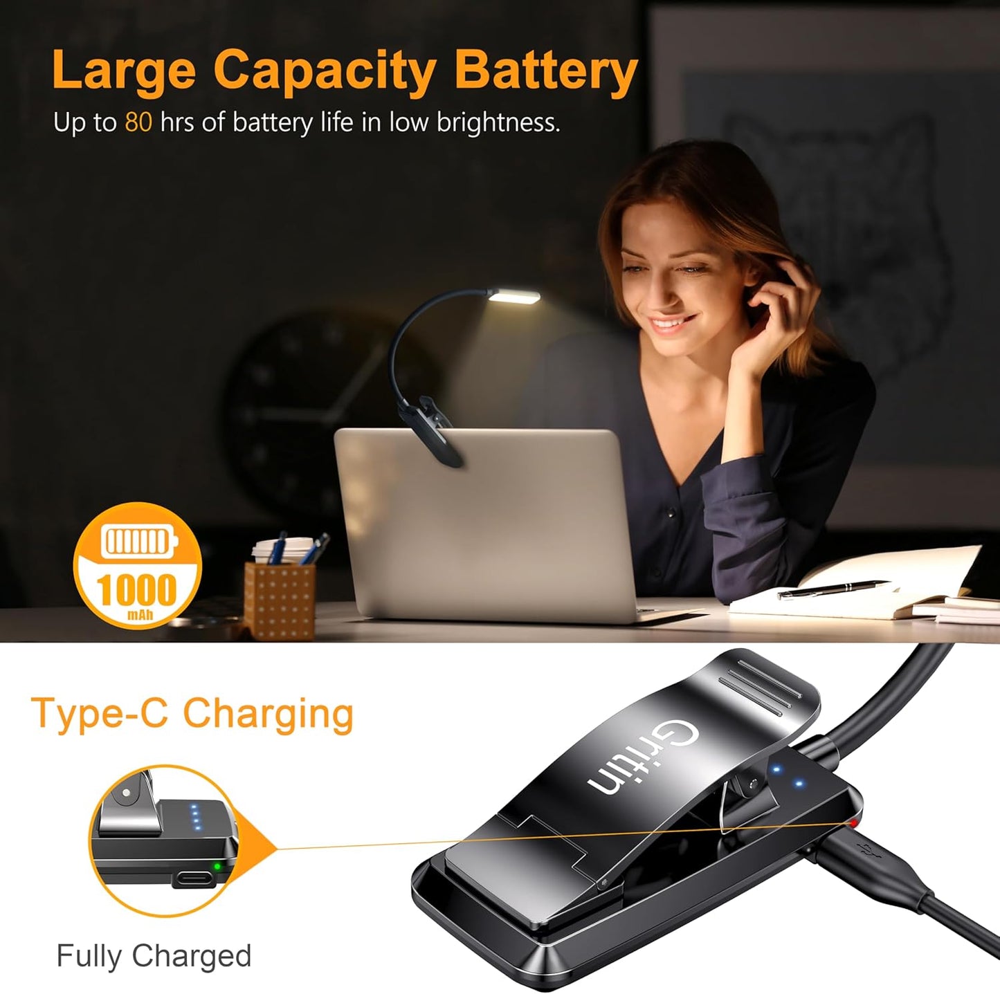 9 LED, Rechargeable, Small, Clip-On Book Light, 3 Color Temperatures, Stepless Dimming Brightness, 80 Hr Runtime