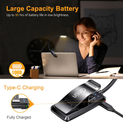 9 LED, Rechargeable, Small, Clip-On Book Light, 3 Color Temperatures, Stepless Dimming Brightness, 80 Hr Runtime