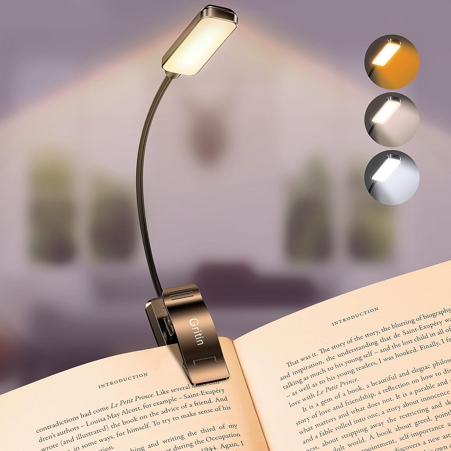 9 LED, Rechargeable, Small, Clip-On Book Light, 3 Color Temperatures, Stepless Dimming Brightness, 80 Hr Runtime