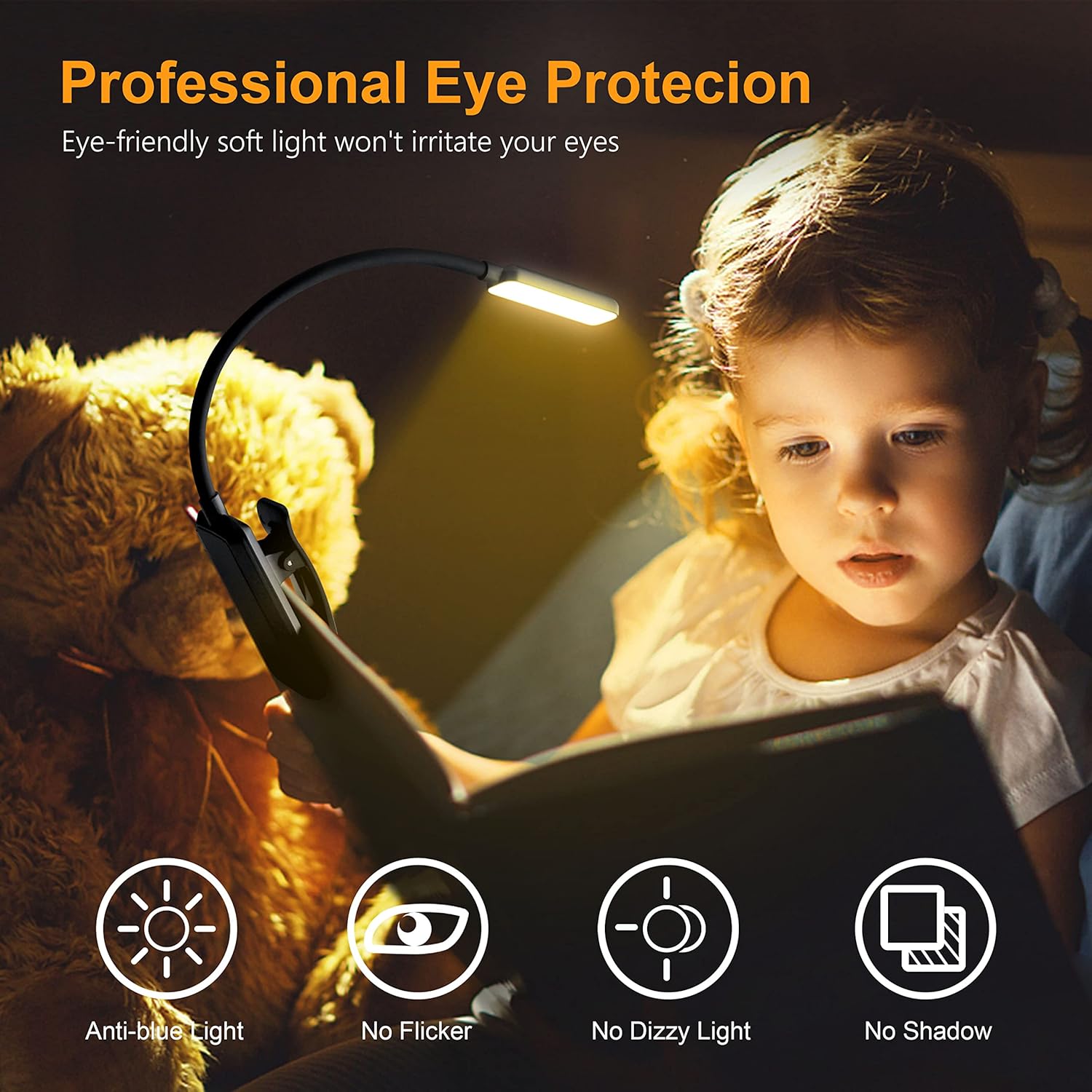 9 LED, Rechargeable, Small, Clip-On Book Light, 3 Color Temperatures, Stepless Dimming Brightness, 80 Hr Runtime
