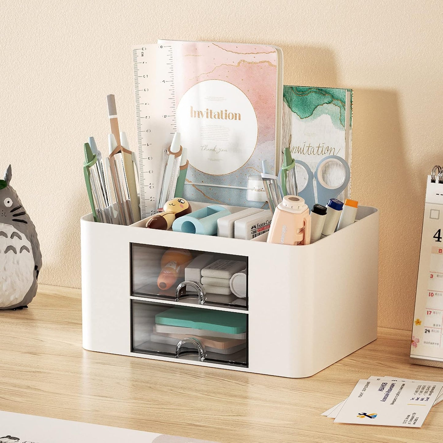 Pen Organizer with 2 Drawer, Multi-Functional Pencil Holder for Desk, Desk Organizers and Accessories with 5 Compartments + Drawer 