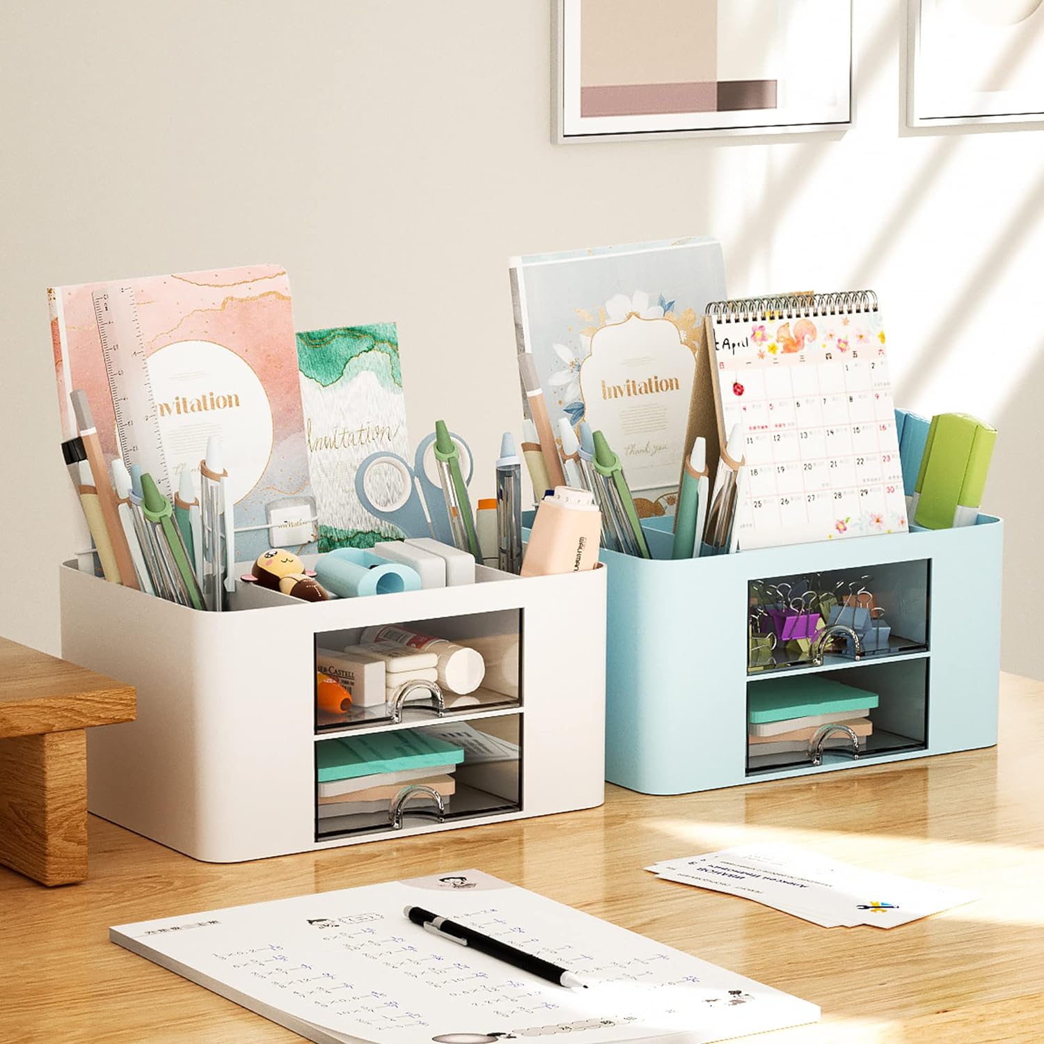 Pen Organizer with 2 Drawer, Multi-Functional Pencil Holder for Desk, Desk Organizers and Accessories with 5 Compartments + Drawer 