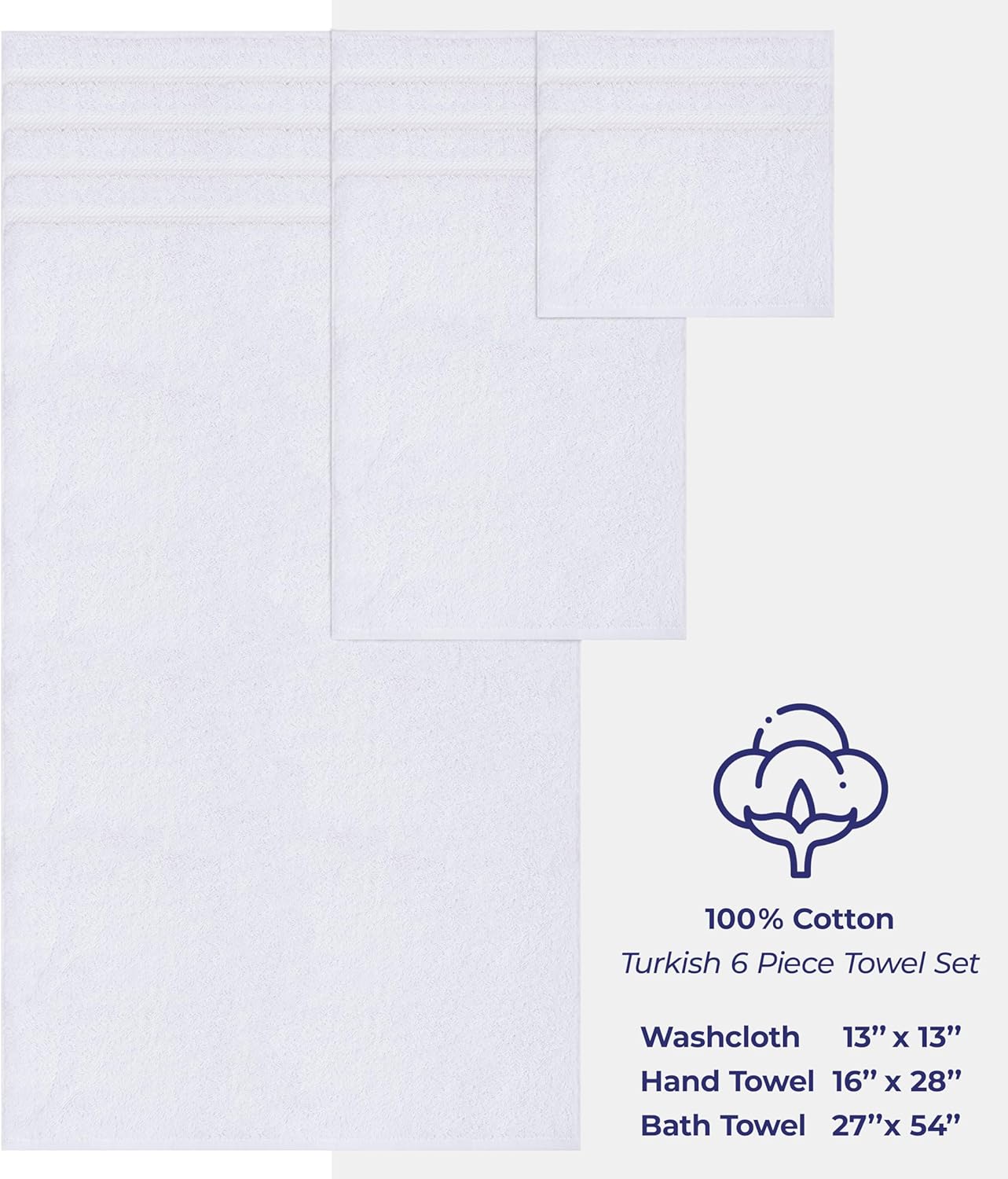 6 Piece Towel Set, 2 Bath Towels 2 Hand Towels 2 Washcloths, 100% Cotton Turkish Towels for Bathroom, White Towel Sets