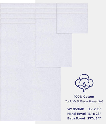 6 Piece Towel Set, 2 Bath Towels 2 Hand Towels 2 Washcloths, 100% Cotton Turkish Towels for Bathroom, White Towel Sets