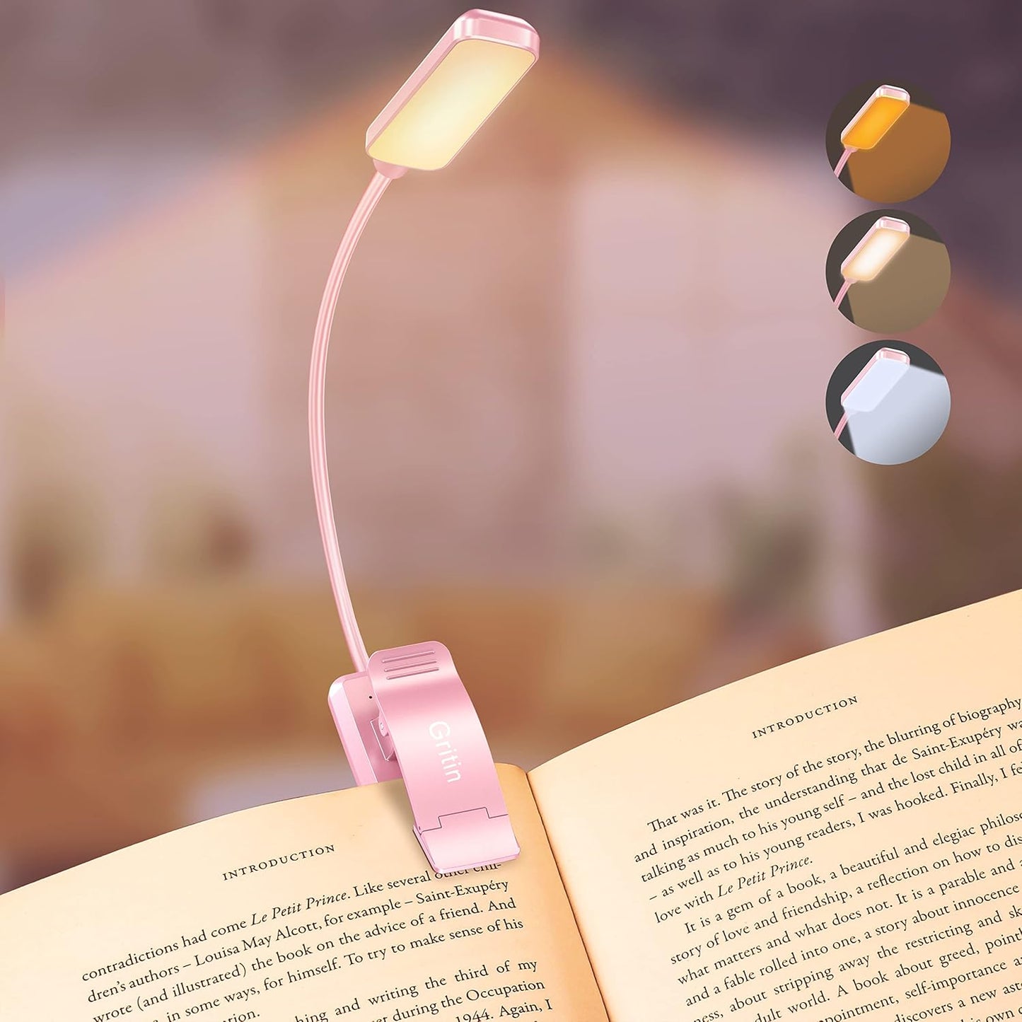 9 LED, Rechargeable, Small, Clip-On Book Light, 3 Color Temperatures, Stepless Dimming Brightness, 80 Hr Runtime