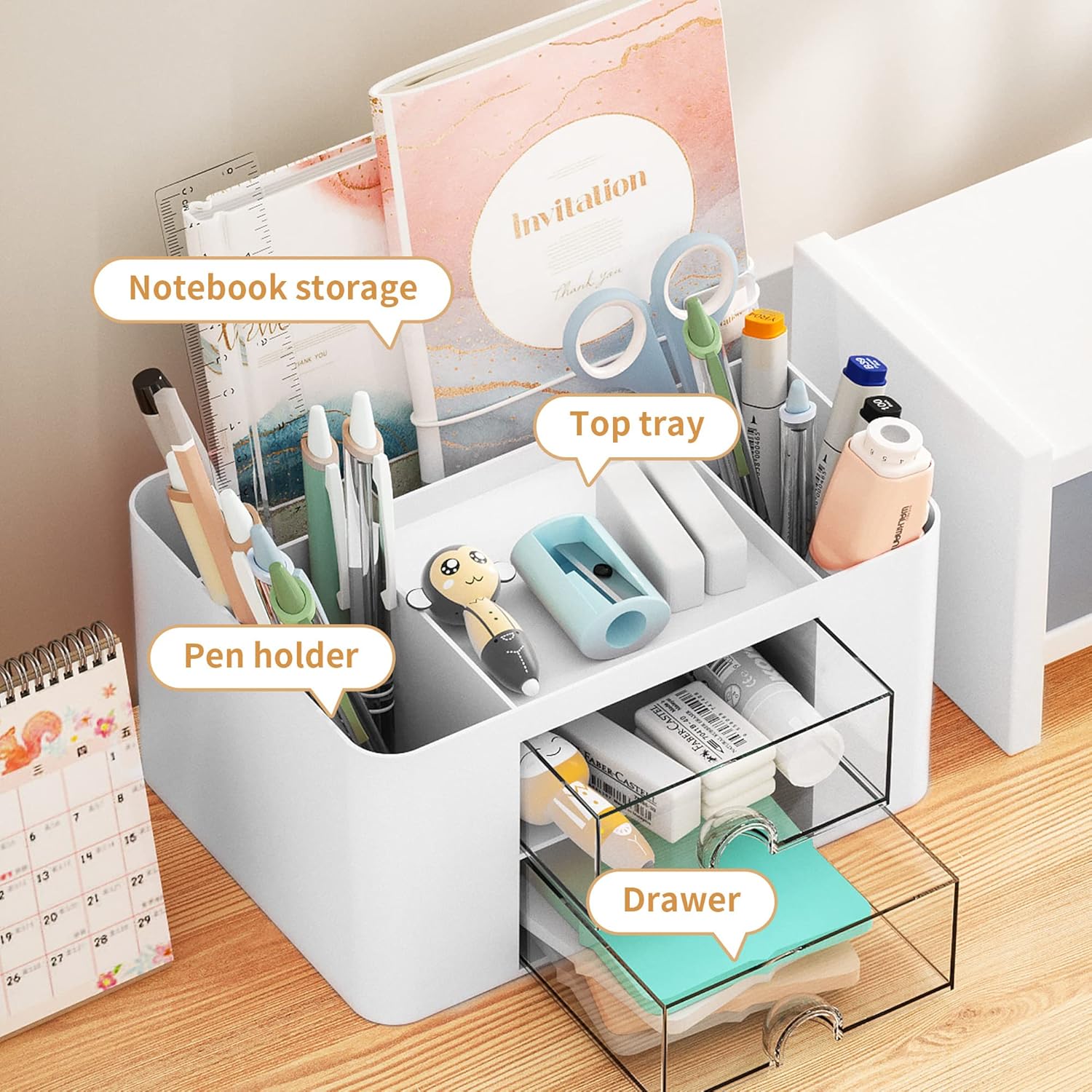 Pen Organizer with 2 Drawer, Multi-Functional Pencil Holder for Desk, Desk Organizers and Accessories with 5 Compartments + Drawer 
