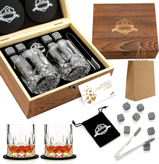 Whiskey Glass Gift Set of 2 - Granite Chilling Whiskey Rocks - Scotch Bourbon Box 