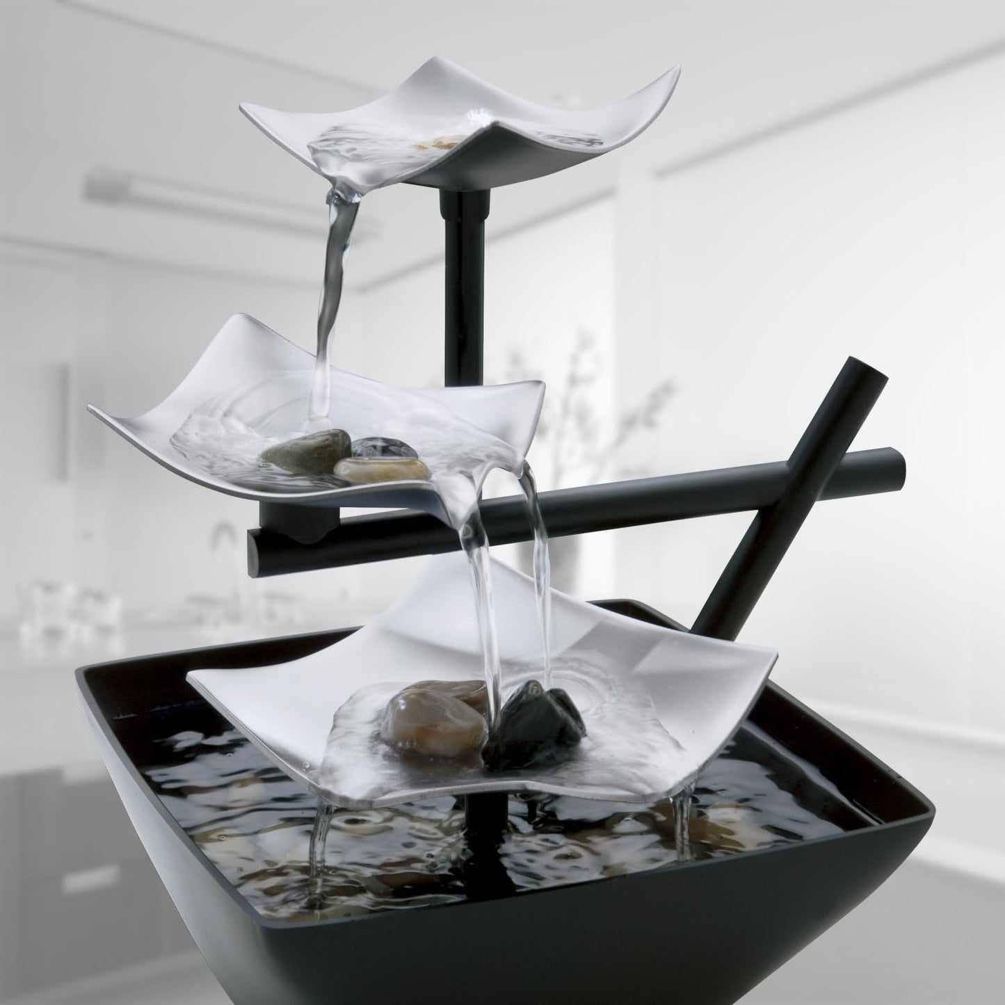 Tabletop Water Fountain, Home Décor Soothing Sound Machine - Automatic Pump, Deep Basin & Natural River Rocks. 8.25” Tall
