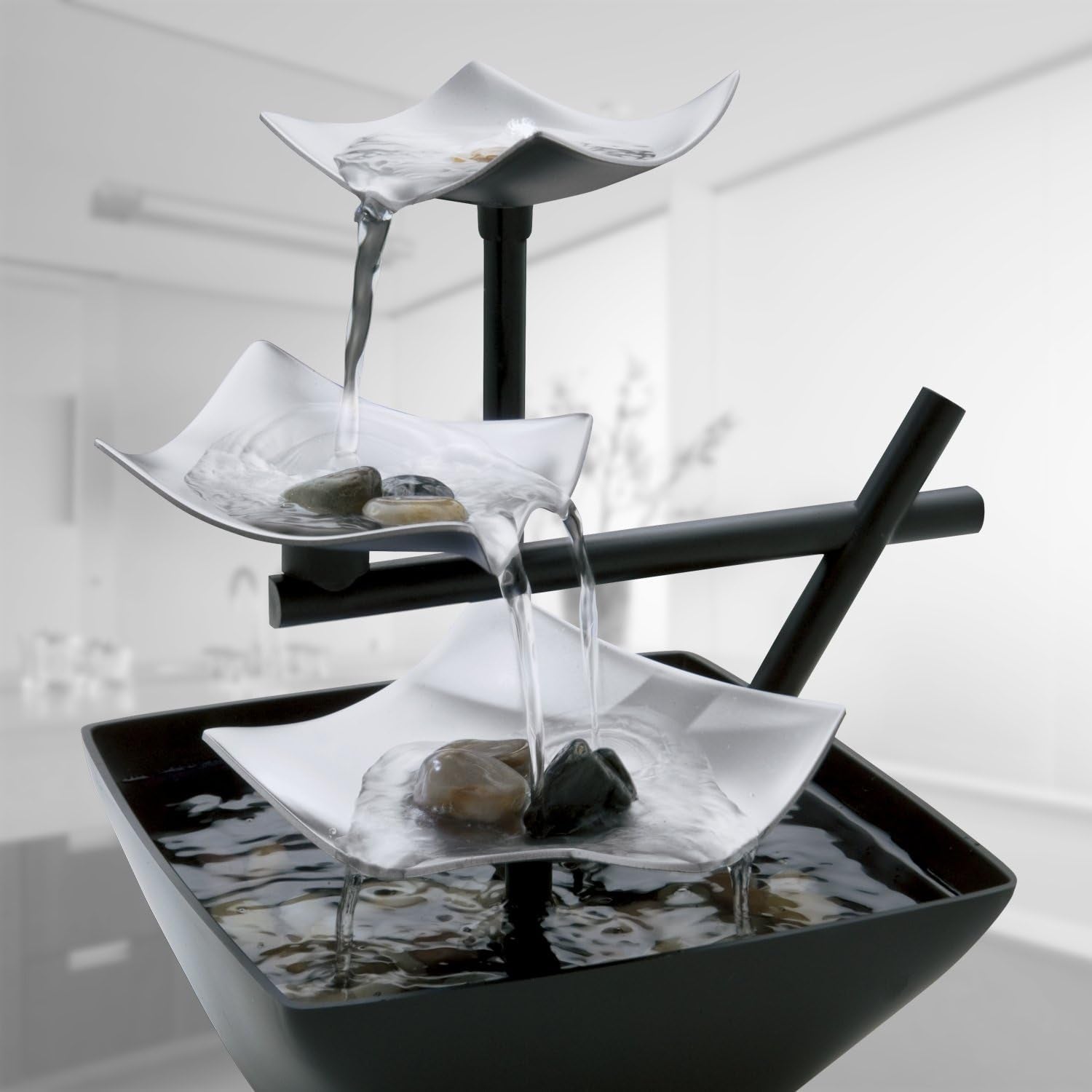 Tabletop Water Fountain, Home Décor Soothing Sound Machine - Automatic Pump, Deep Basin & Natural River Rocks. 8.25” Tall