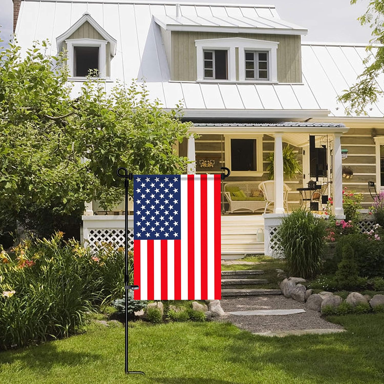 Garden Flag Stand, Flag Pole Holder, Metal Powder-Coated, Weather-Proof Paint with One Tiger Clip and Two Spring Stoppers without Flag