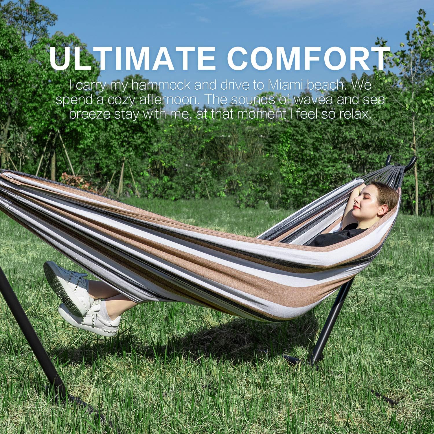 Heavy Duty 2 Person Hammock with Space Saving Steel Stand and Portable Carrying Bag Included (450Lb Capacity)
