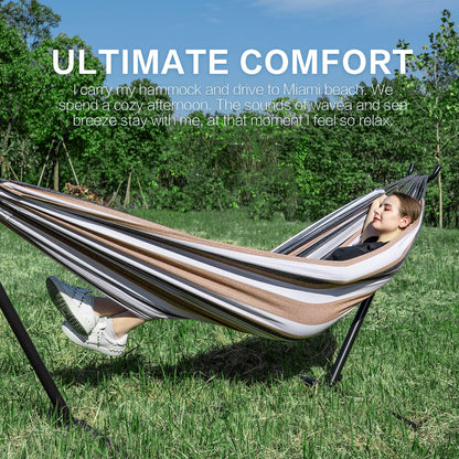 Heavy Duty 2 Person Hammock with Space Saving Steel Stand and Portable Carrying Bag Included (450Lb Capacity)