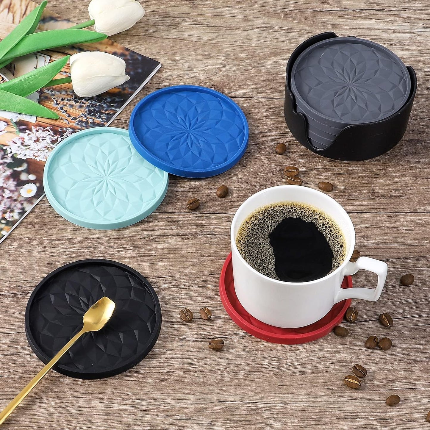 Silicone Coasters [6 Pack] Coasters with Holder -  Live for Hot or Cold Drink Thickened, Non-Slip, Non-Stick, Deep Tray