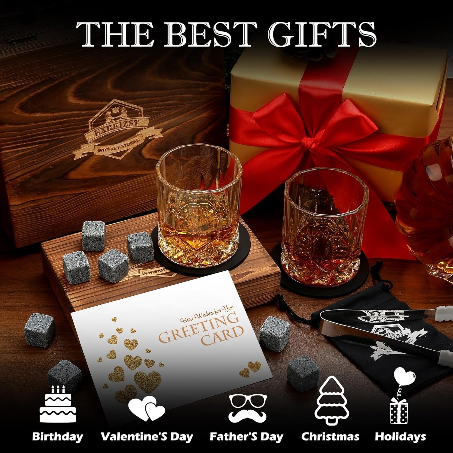 Whiskey Glass Gift Set of 2 - Granite Chilling Whiskey Rocks - Scotch Bourbon Box 