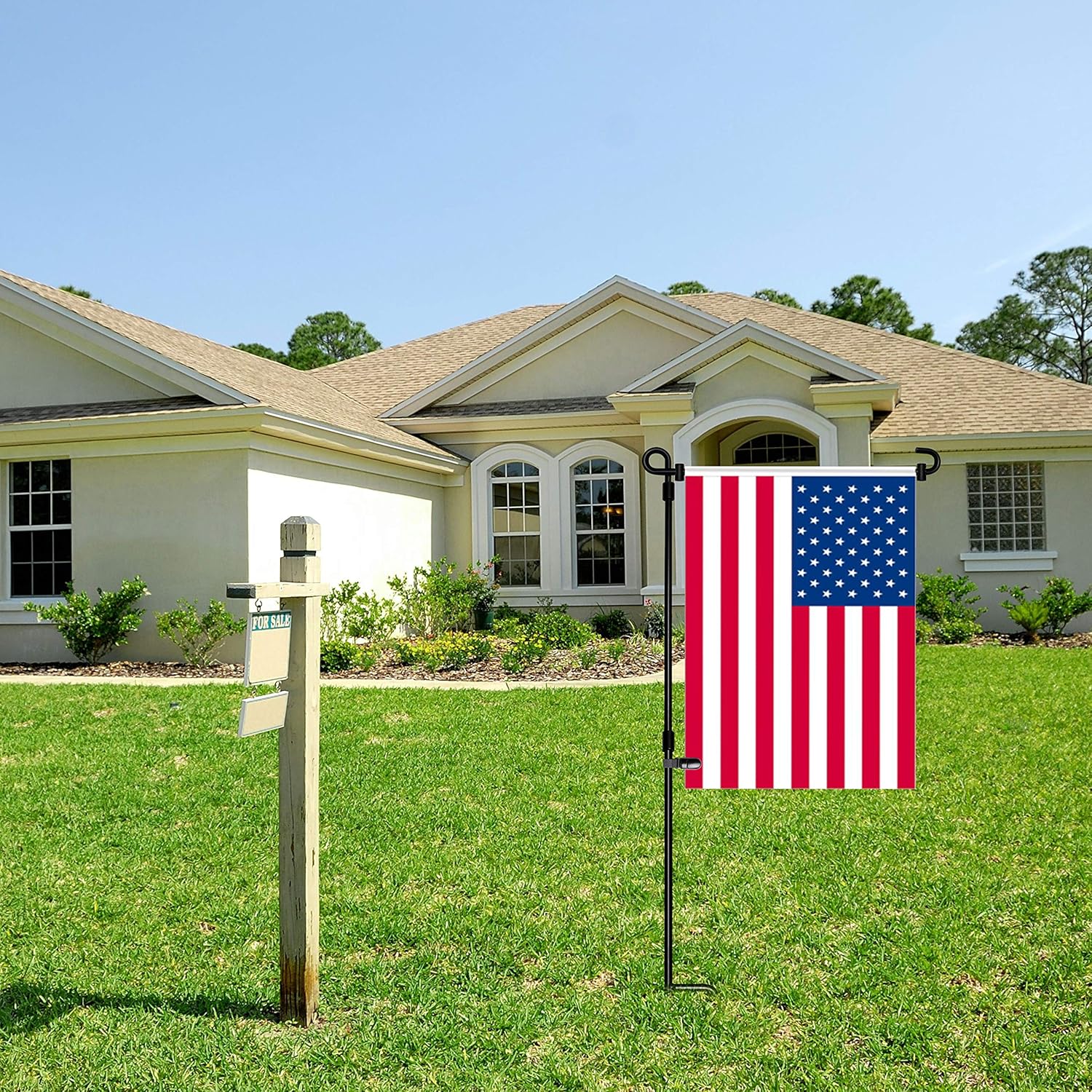 Garden Flag Stand, Flag Pole Holder, Metal Powder-Coated, Weather-Proof Paint with One Tiger Clip and Two Spring Stoppers without Flag