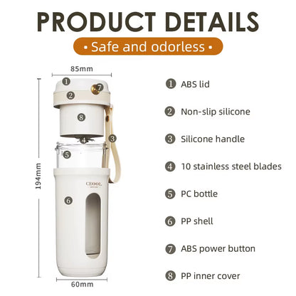 Electric Portable Blender with 10 Stainless Steel Blades, USB Rechargeable 