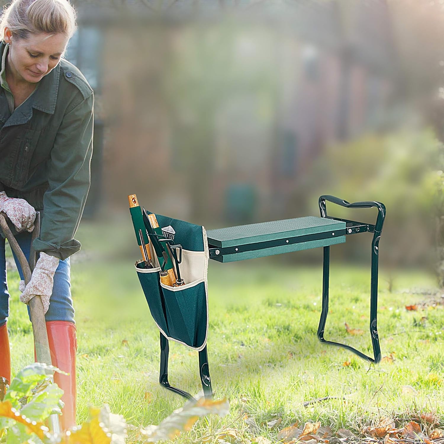Folding Garden Kneeler Seat Portable Bench Stool with Soft Kneeling Foam Pad and Tool Pouch 
