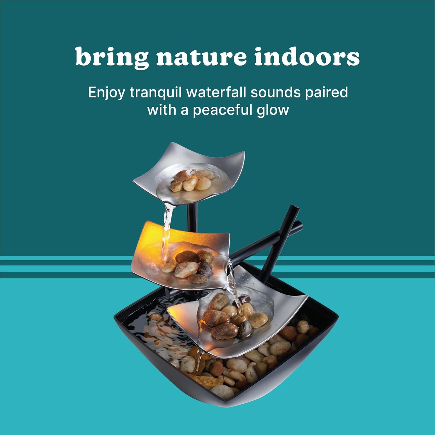 Tabletop Water Fountain, Home Décor Soothing Sound Machine - Automatic Pump, Deep Basin & Natural River Rocks. 8.25” Tall