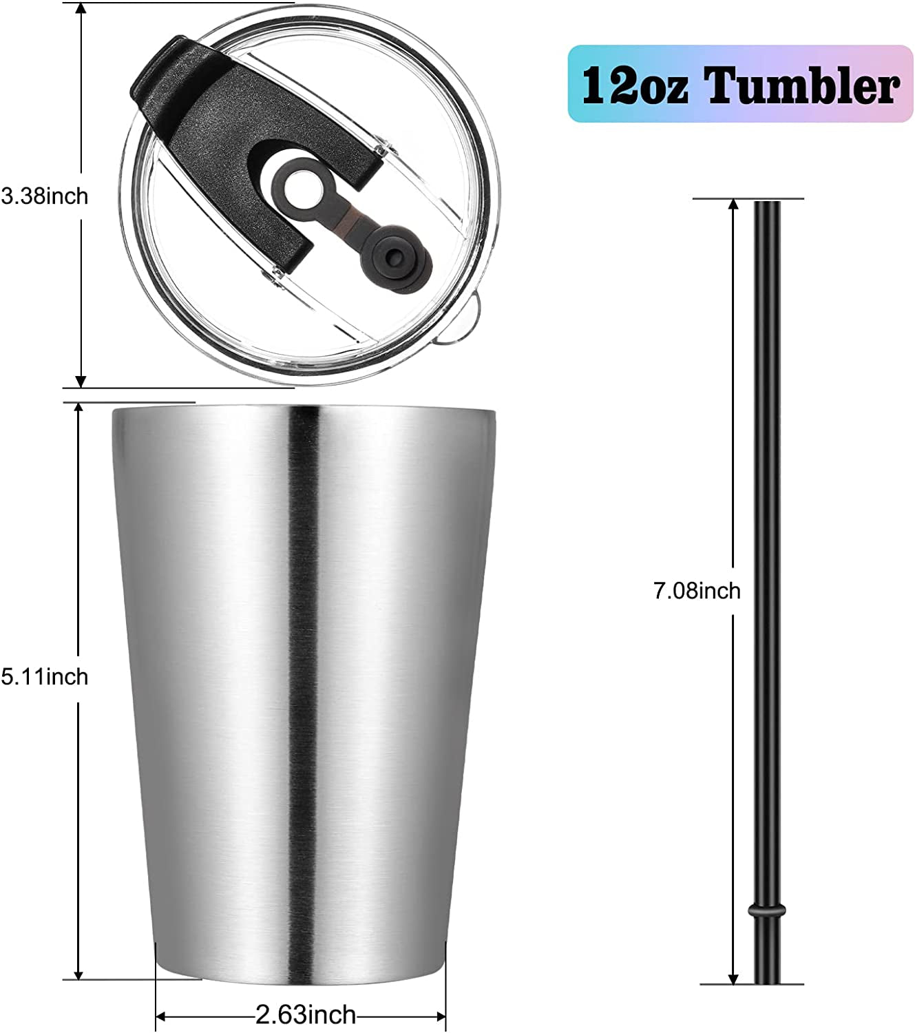 12Oz Tumbler Stainless Stee Insulated Double Wall with Lid and Straw Reusable Tumbler, Stainless 12 Pack