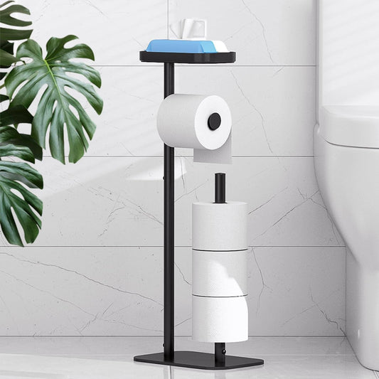 Free Standing, Multifunctional & Rustless Toilet Paper Holder, Stand for 4 Rolls, with Shelf for Phones & Small Items