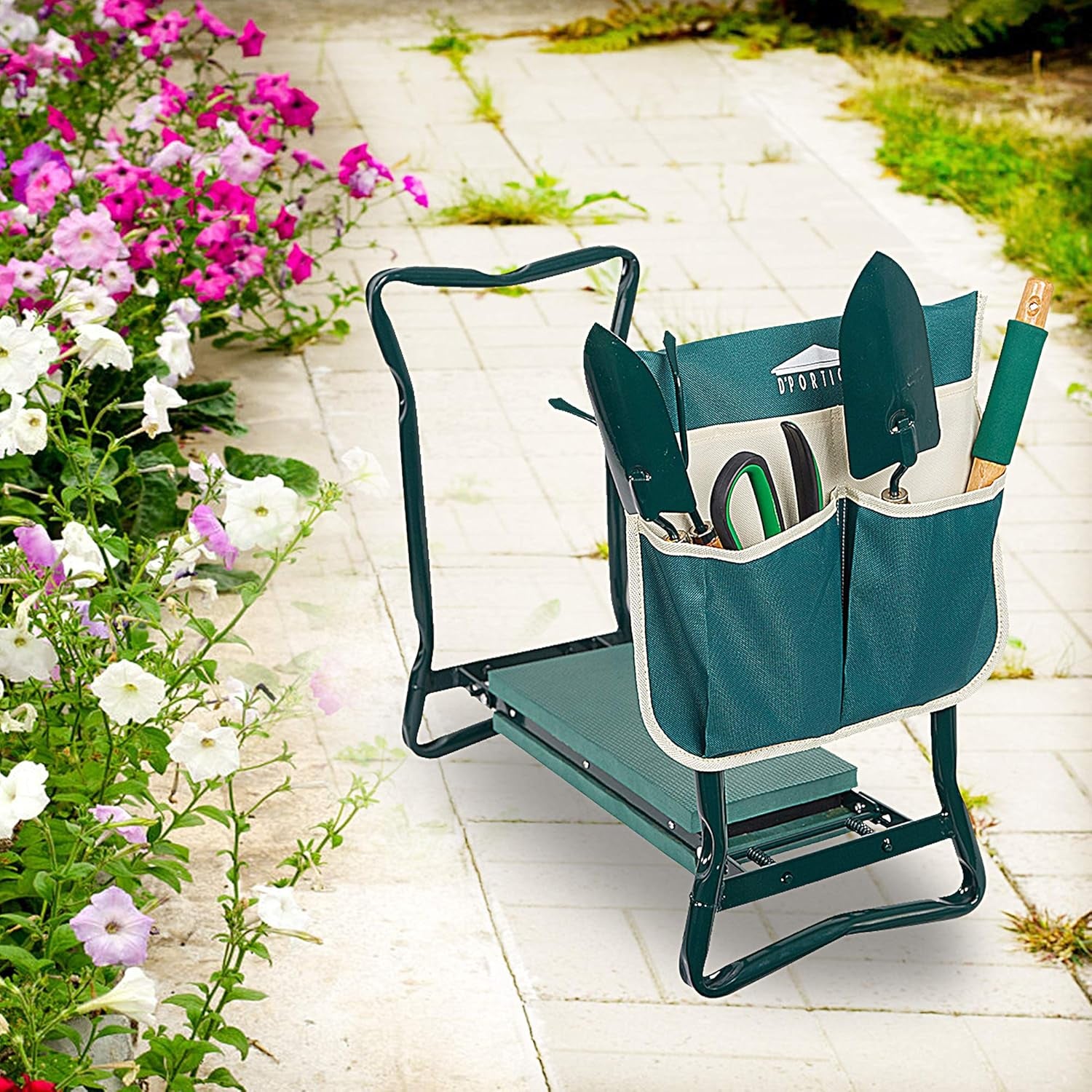 Folding Garden Kneeler Seat Portable Bench Stool with Soft Kneeling Foam Pad and Tool Pouch 