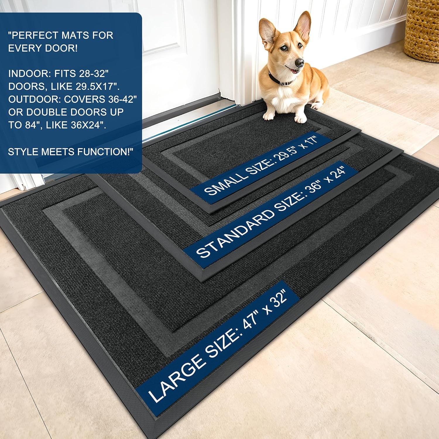 Front Door Mat Indoor/Outdoor Entrance, Waterproof All-Season, All-Weather Doormat, Sturdy Natural Rubber, Fade Resistant, Low Profile, Easy Clean, 29.5"X17"