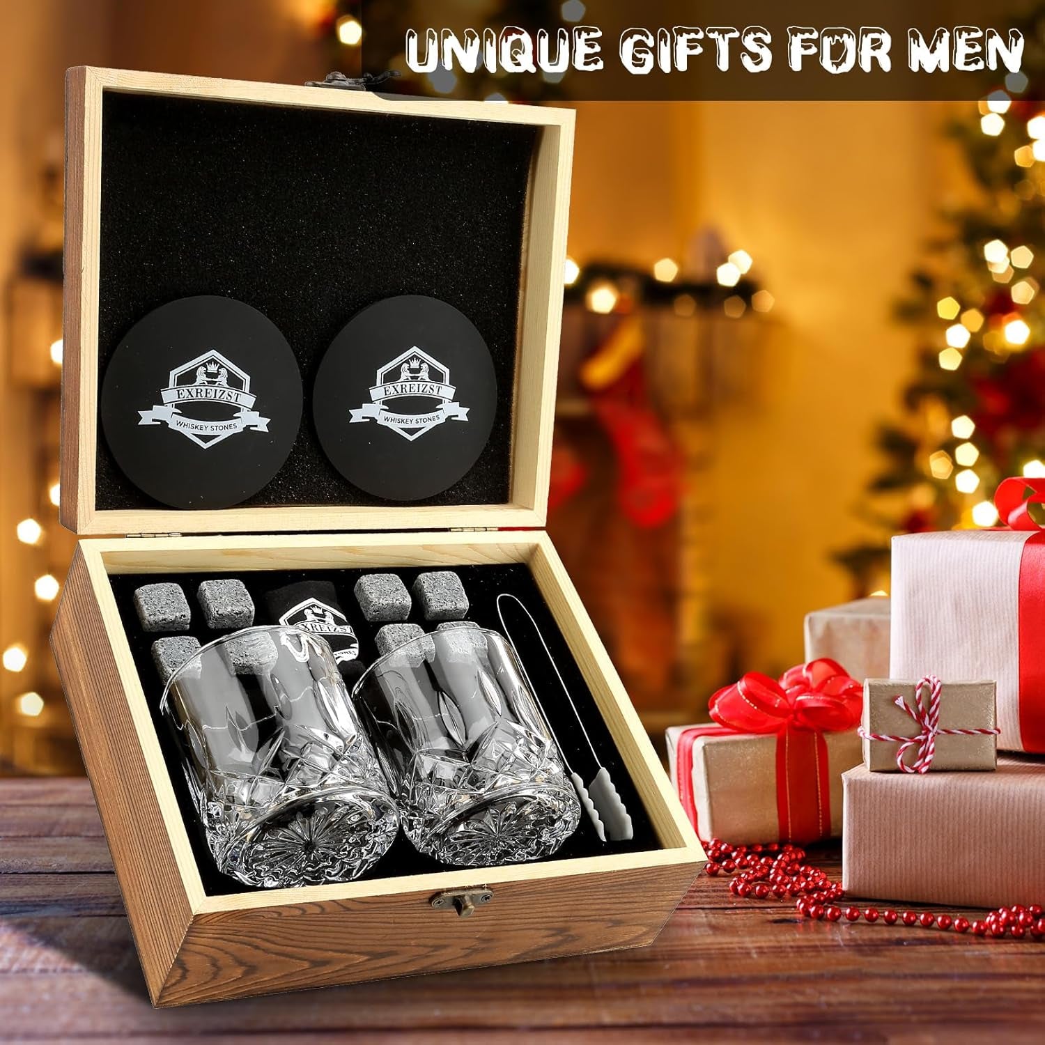Whiskey Glass Gift Set of 2 - Granite Chilling Whiskey Rocks - Scotch Bourbon Box 