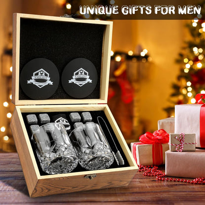 Whiskey Glass Gift Set of 2 - Granite Chilling Whiskey Rocks - Scotch Bourbon Box 