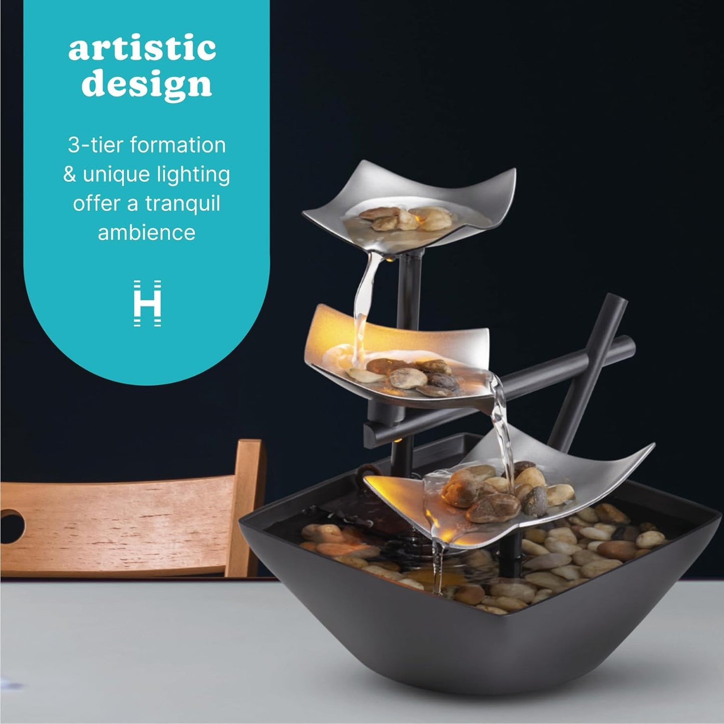 Tabletop Water Fountain, Home Décor Soothing Sound Machine - Automatic Pump, Deep Basin & Natural River Rocks. 8.25” Tall