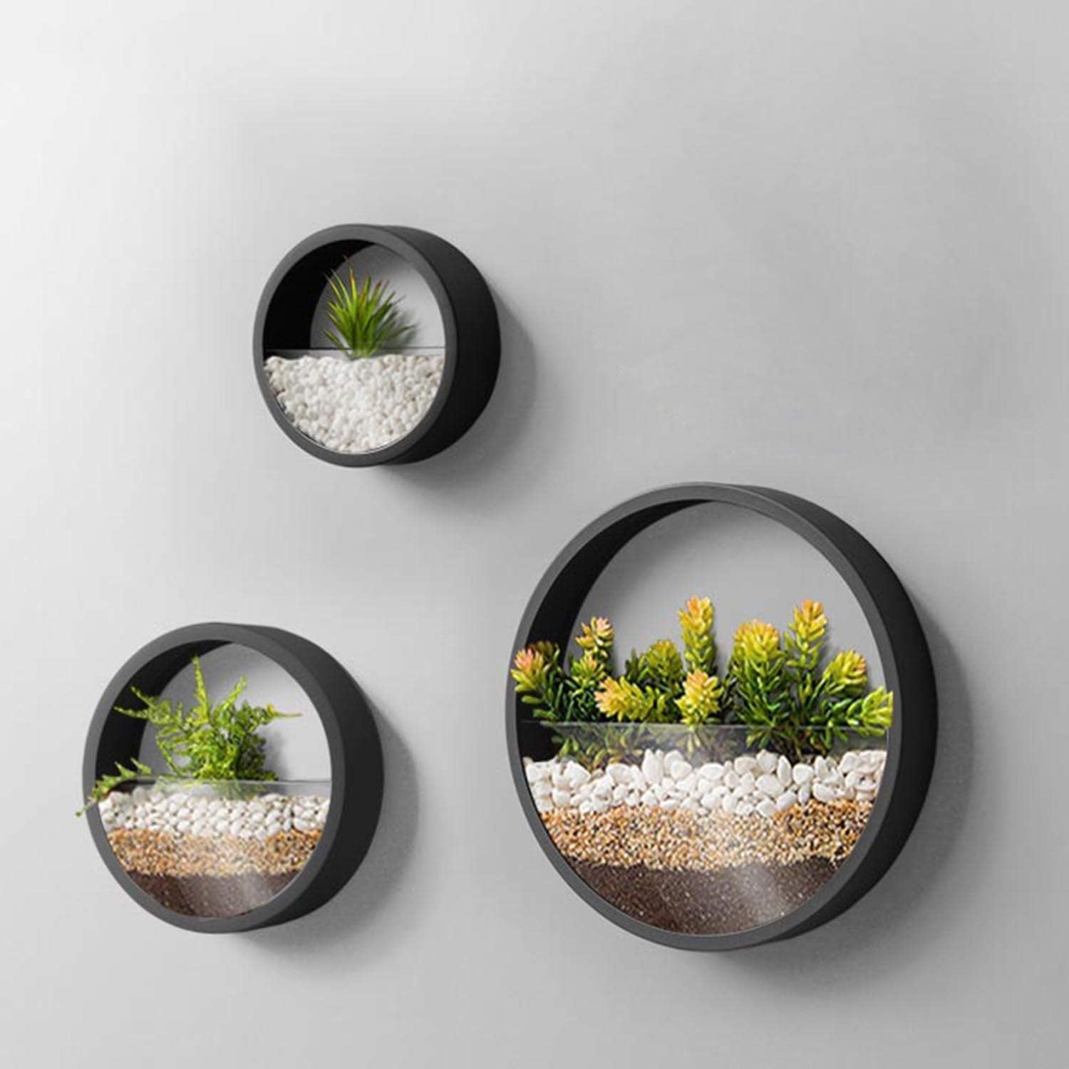 3 Pack Set Modern, Round, Glass Wall Planter (Black)
