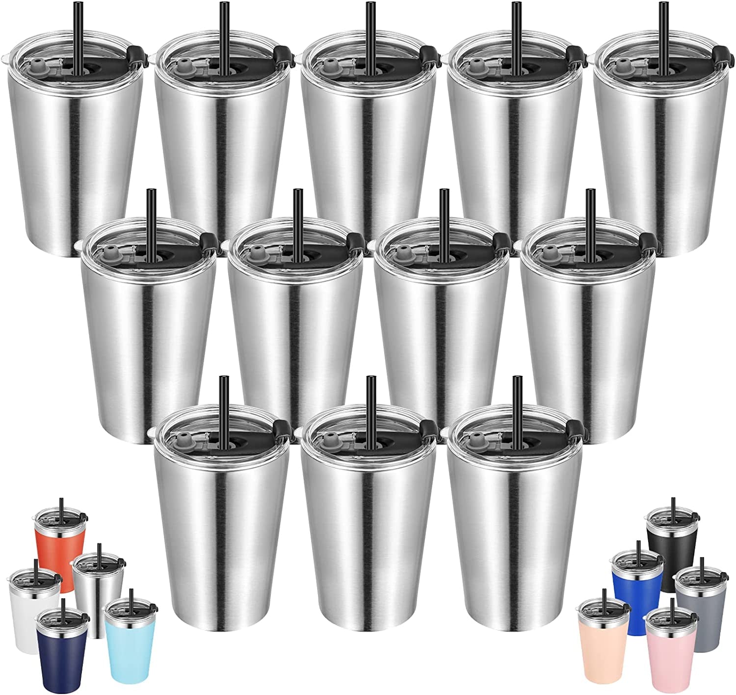12Oz Tumbler Stainless Stee Insulated Double Wall with Lid and Straw Reusable Tumbler, Stainless 12 Pack
