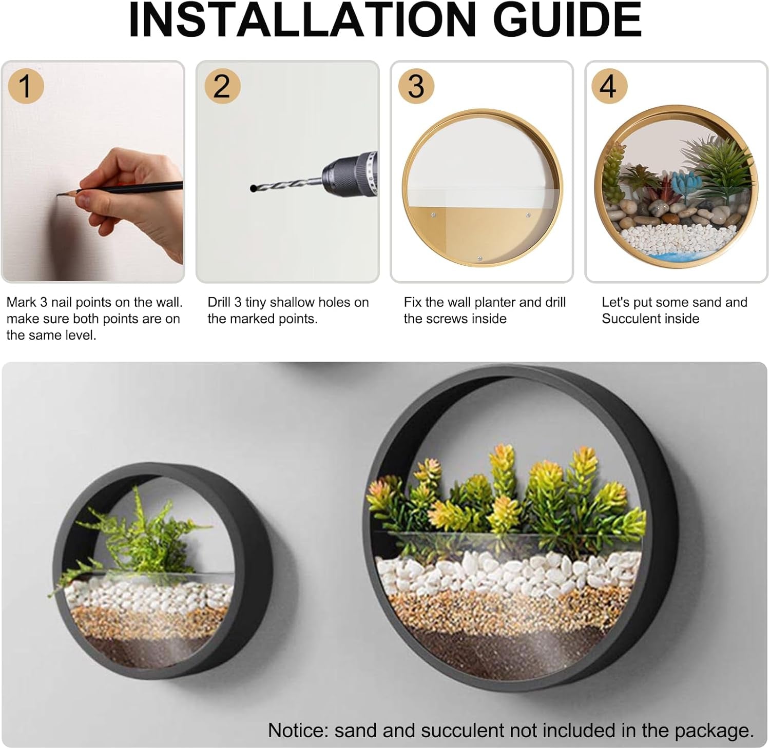 3 Pack Set Modern, Round, Glass Wall Planter (Black)