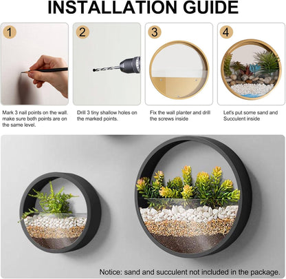 3 Pack Set Modern, Round, Glass Wall Planter (Black)