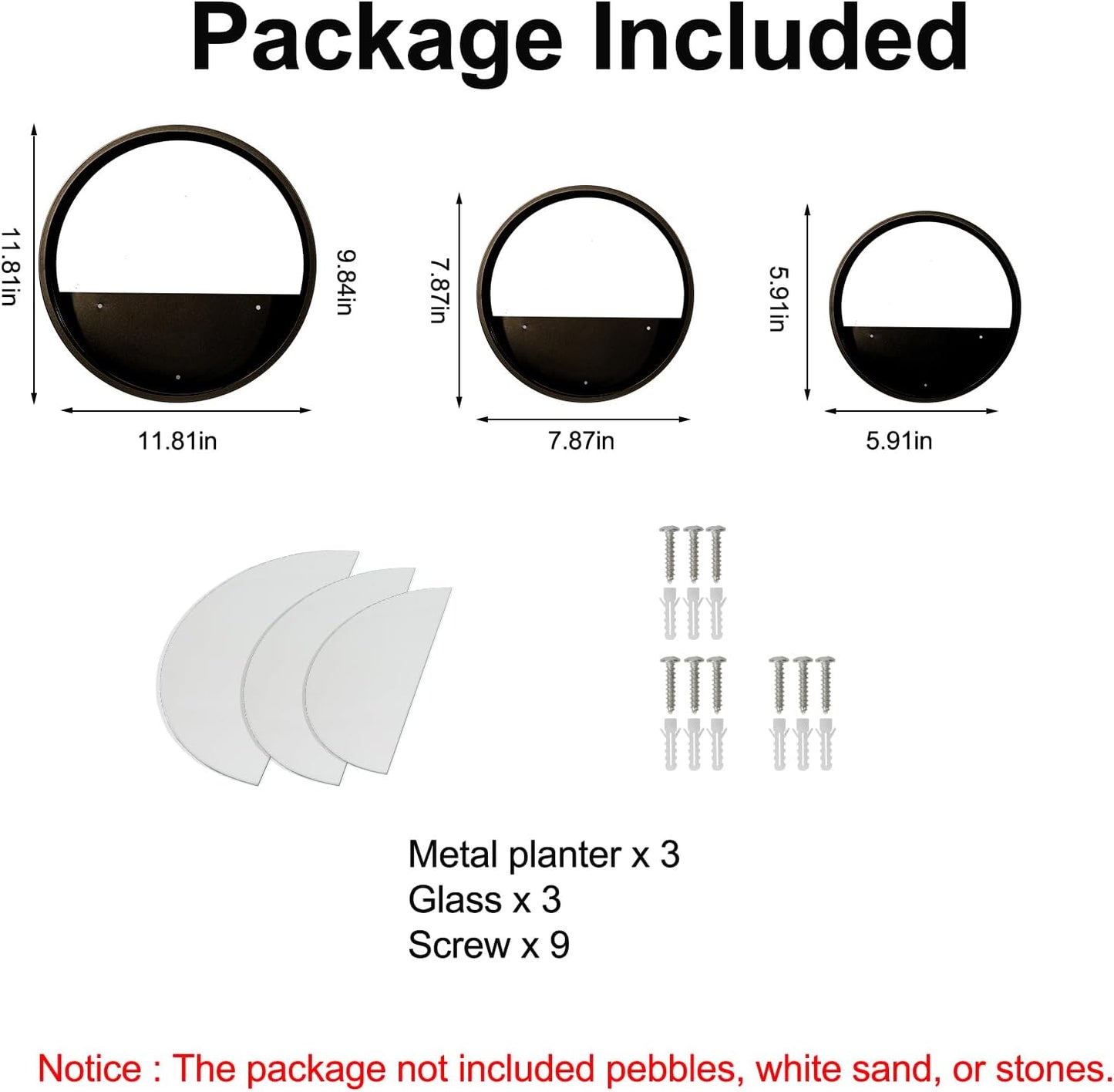 3 Pack Set Modern, Round, Glass Wall Planter (Black)