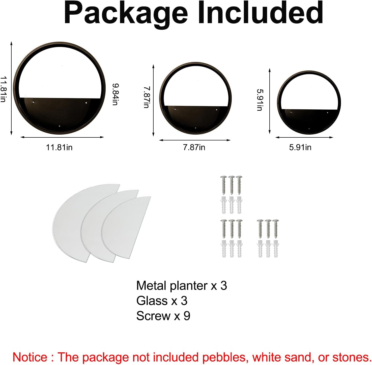 3 Pack Set Modern, Round, Glass Wall Planter (Black)