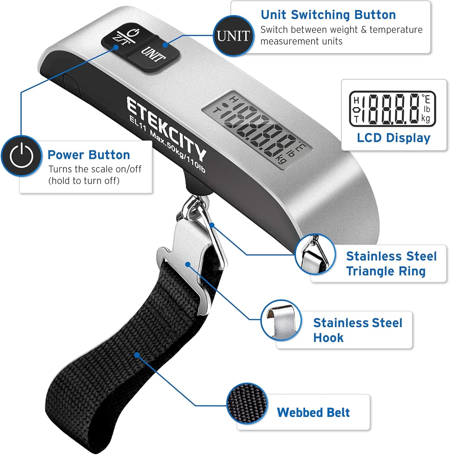 Digital Baggage Weight Scale with Hook, 110 Pounds, Battery Included