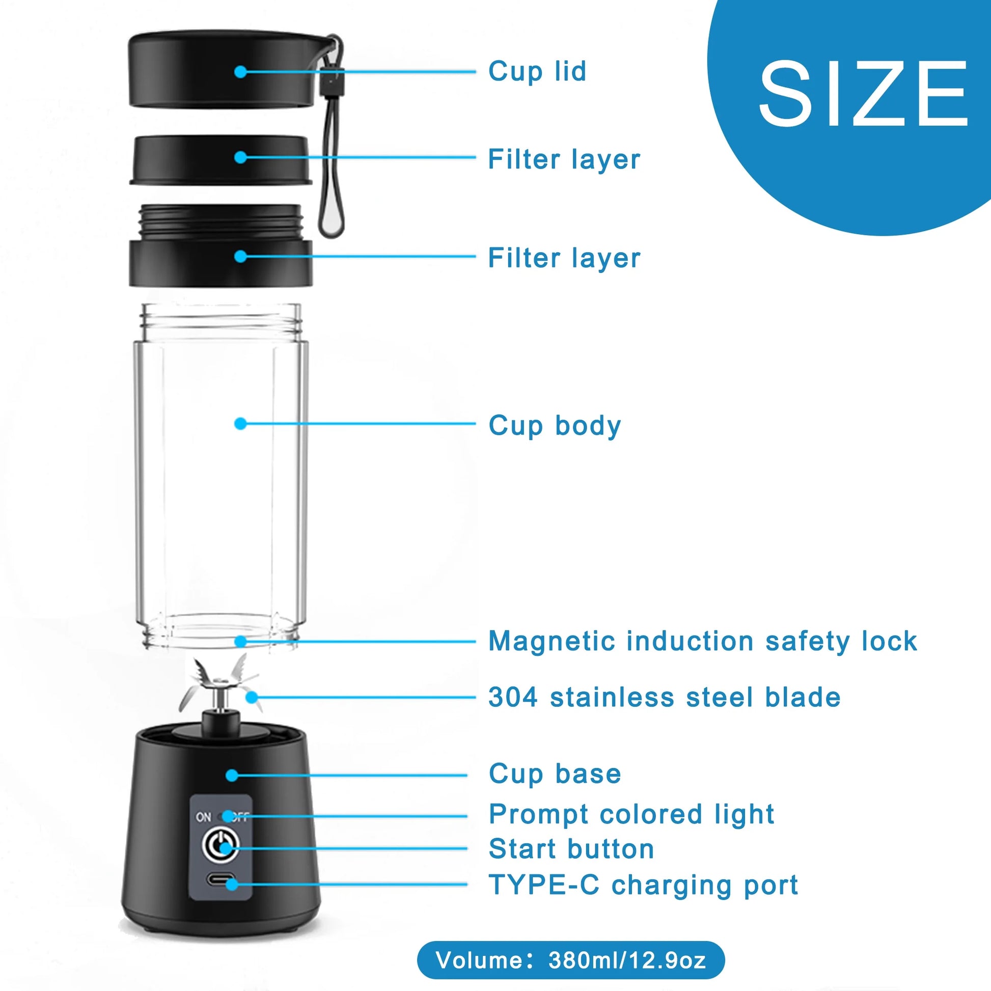 12.9oz Portable Blender, for Shakes and Smoothies, Mini 